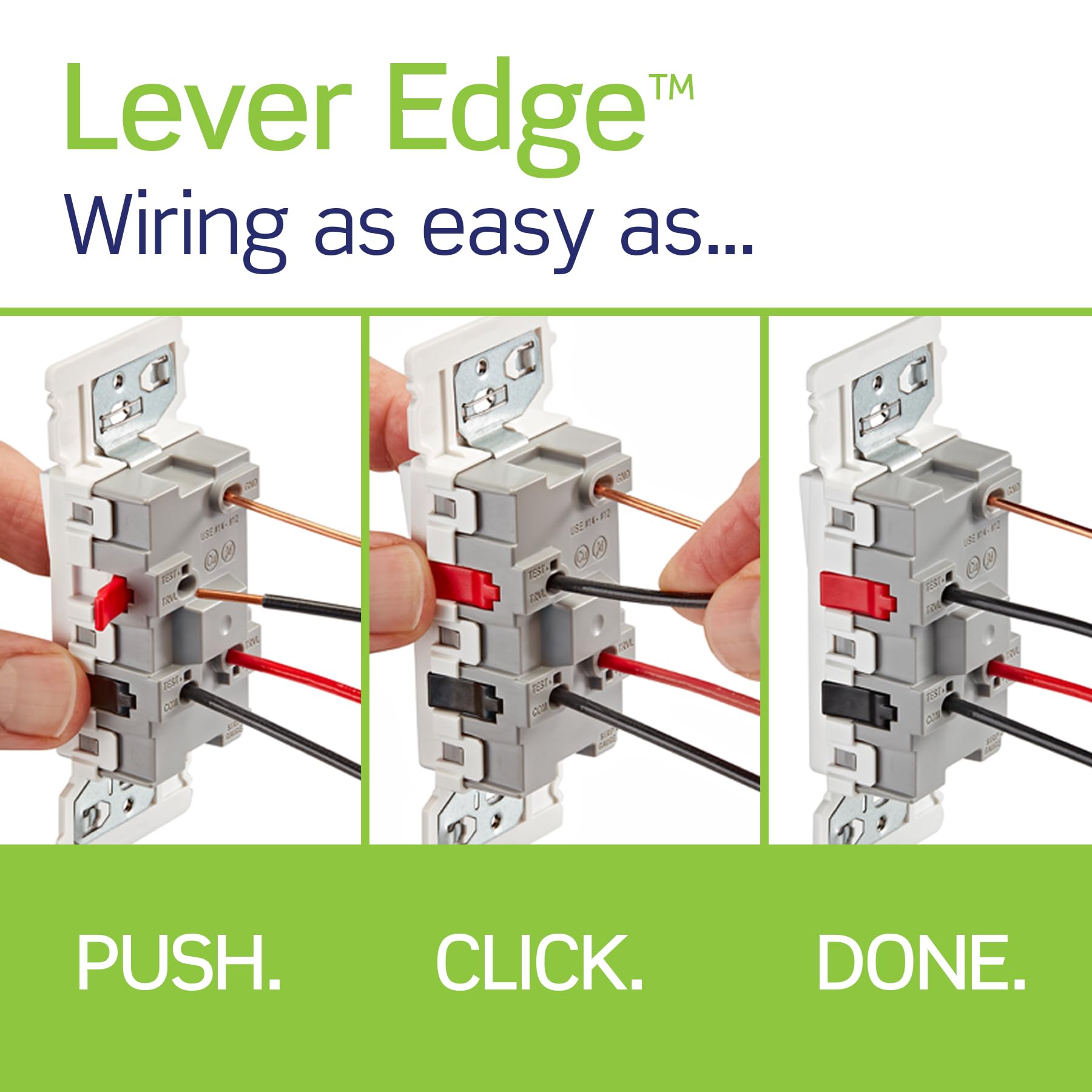 Leviton Lever Edge strap with tongue-and-groove alignment speeds installs.
