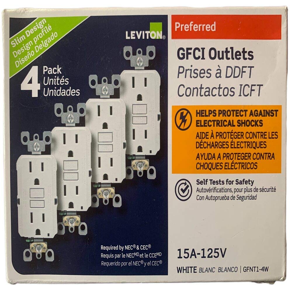 Leviton self-test GFCI outlet front view showing continuous protection.