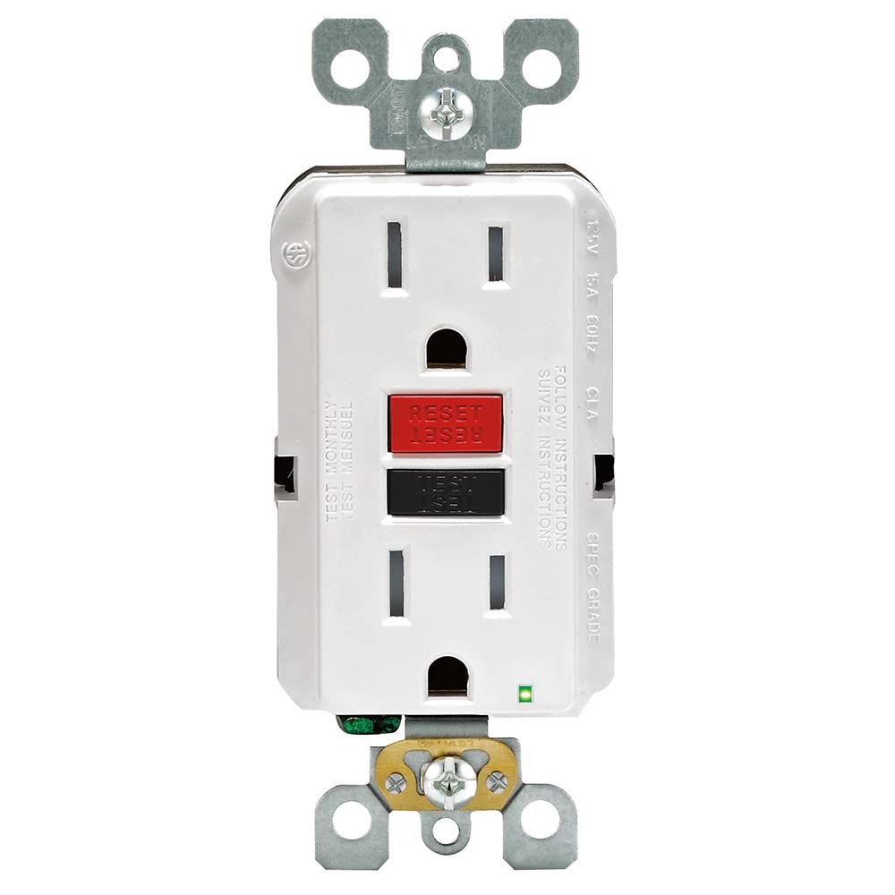 Leviton Self-Test GFCI outlet (white) provides reliable ground fault protection for kitchens and baths.