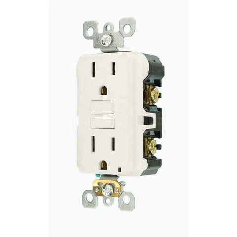Leviton slim-profile GFCI outlet installation demonstrates shallow depth fit.