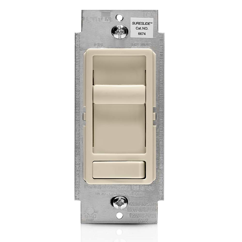 Leviton SureSlide dimmer front view in light almond finish for ambient control
