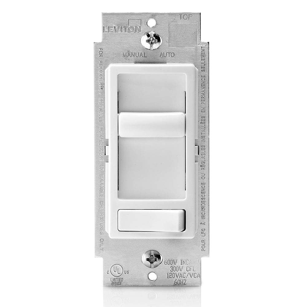 Leviton SureSlide dimmer on-wall for precise brightness control.