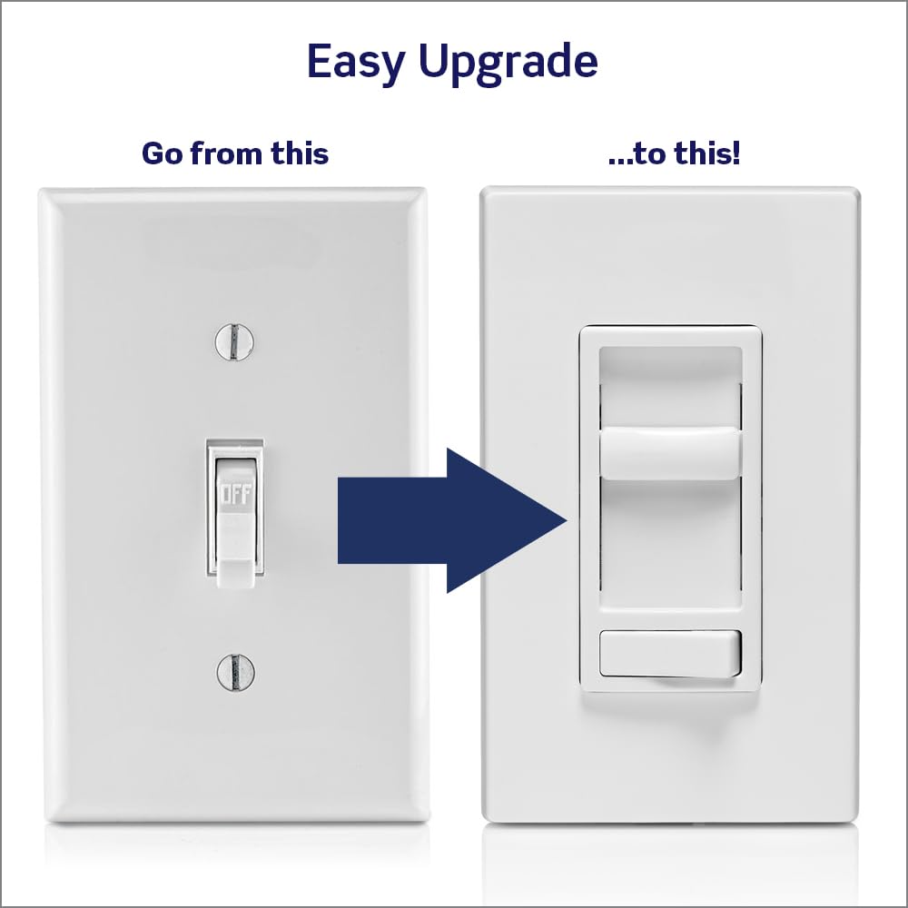 Leviton SureSlide slide-action dimmer showing smooth brightness adjustment.