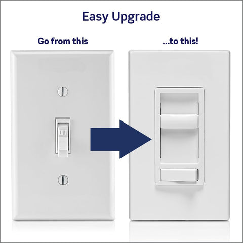 Leviton SureSlide slide-action dimmer showing smooth brightness adjustment.
