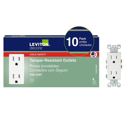 Leviton T5325-WMP outlet front view showing Decora style in white
