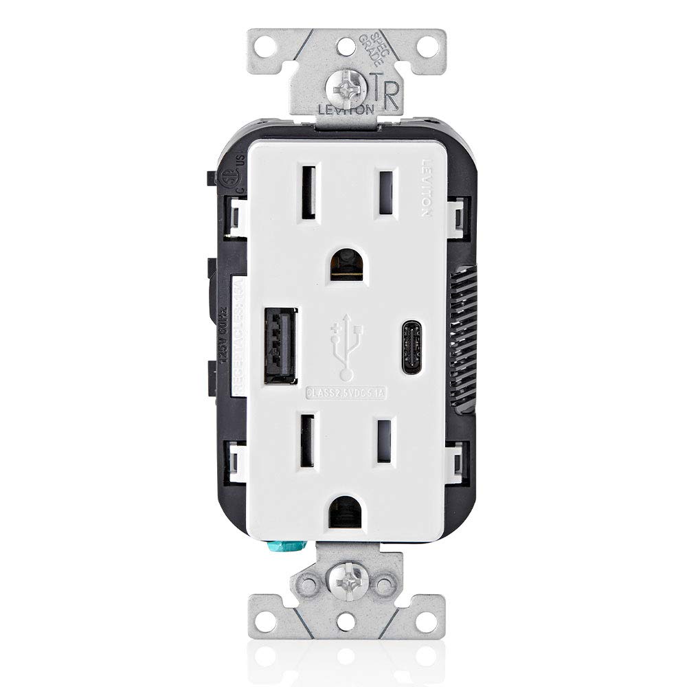 Leviton T5633-W front view outlet showing dual USB ports for convenient charging