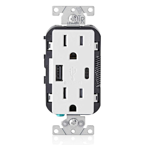 Leviton T5633-W front view outlet showing dual USB ports for convenient charging