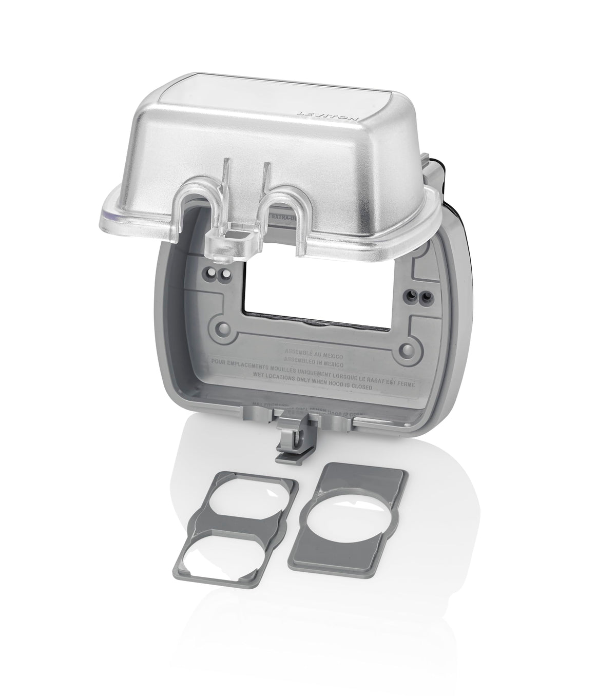 Leviton weatherproof outlet box front-view with extra-duty cover for outdoor use.