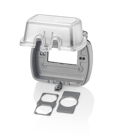 Leviton weatherproof outlet box front-view with extra-duty cover for outdoor use.
