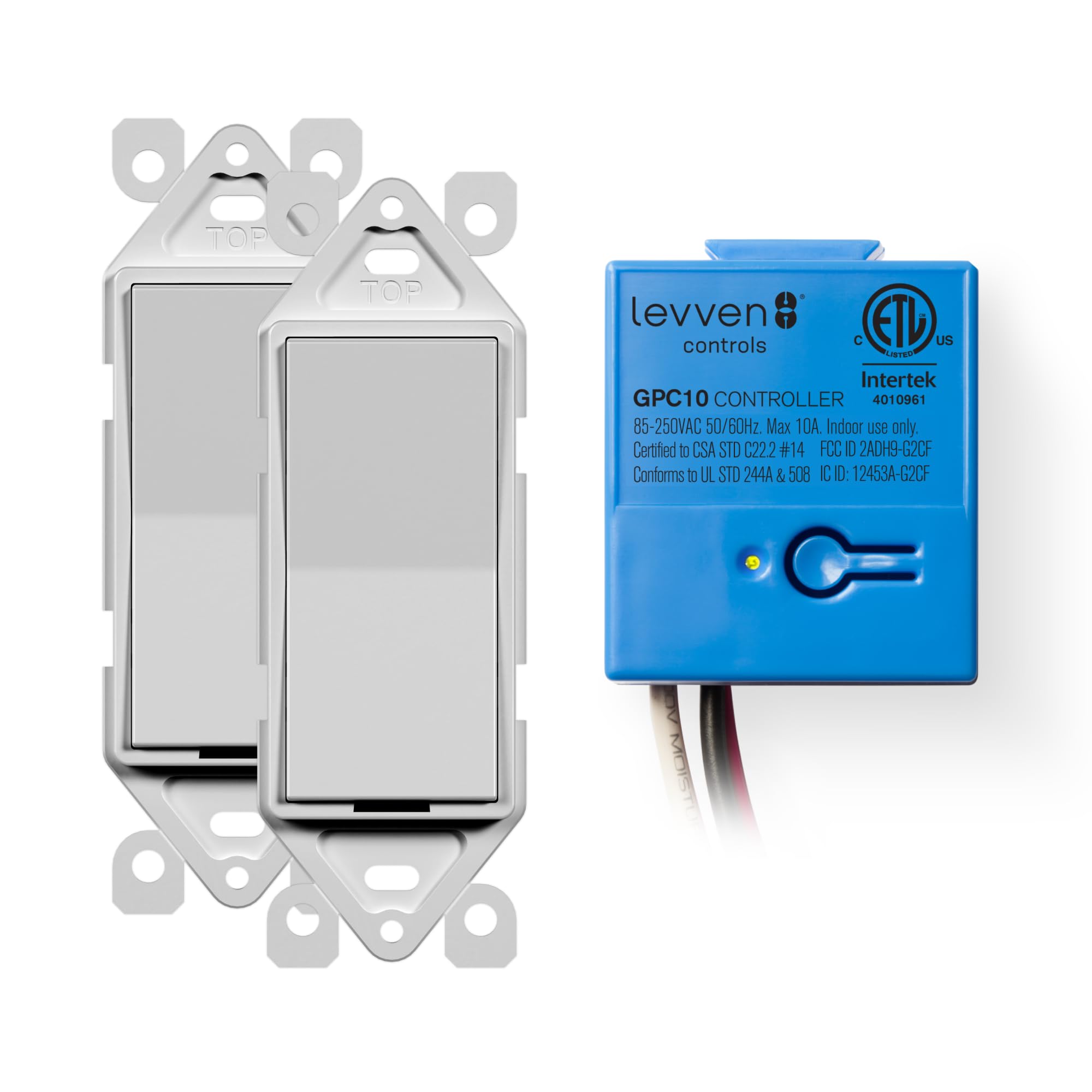 Levven 3-Way wireless switch with decorator-style faceplate enables wire-free lighting control.
