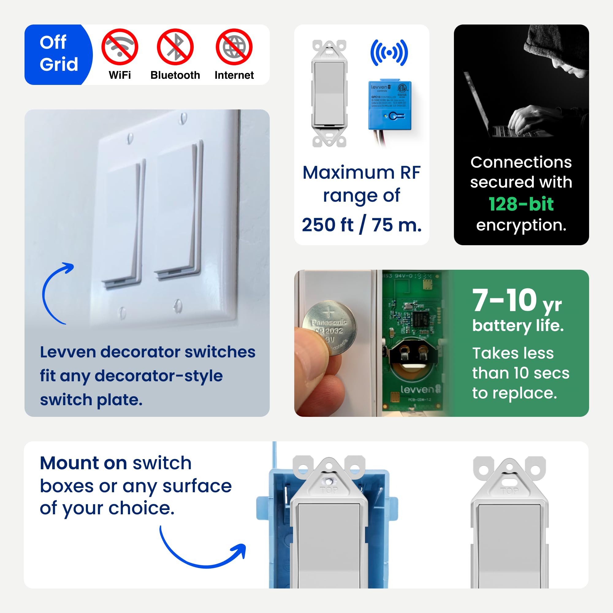 Levven wireless switch pairing shows scalable network with up to ten connected switches.
