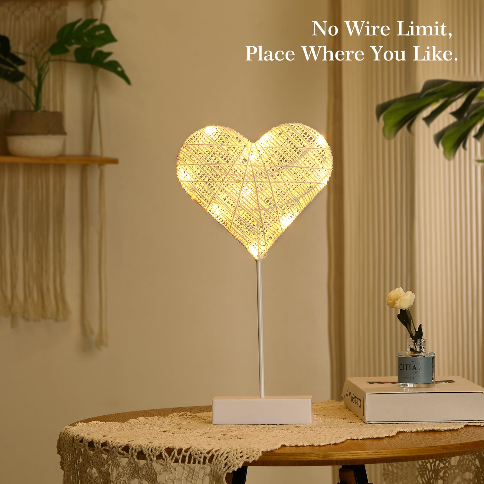  Lewondr heart lamp operates on 3 AA batteries for cord-free use.