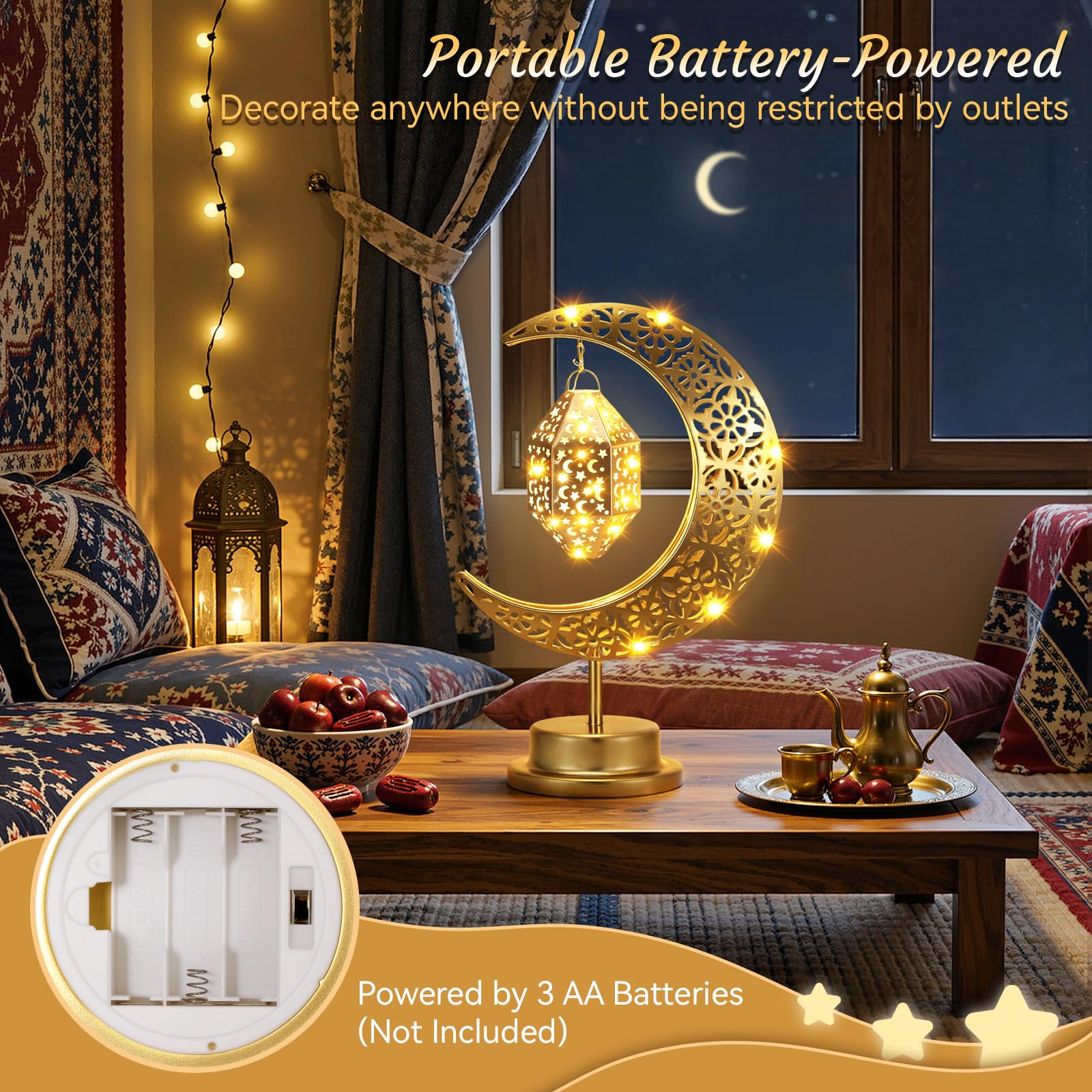 Lewondr Ramadan Moon Lamp features gold metal base for elegant living room decor