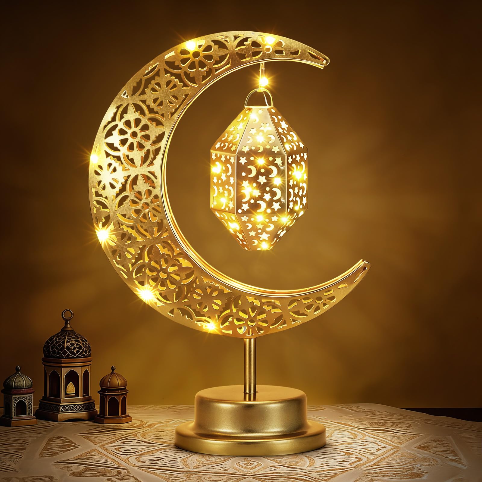 Lewondr Ramadan Moon Lamp with ornate crescent lantern provides bedside ambience for Ramadan evenings