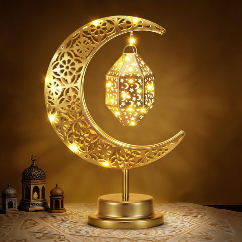 Lewondr Ramadan Moon Lamp with ornate crescent lantern provides bedside ambience for Ramadan evenings