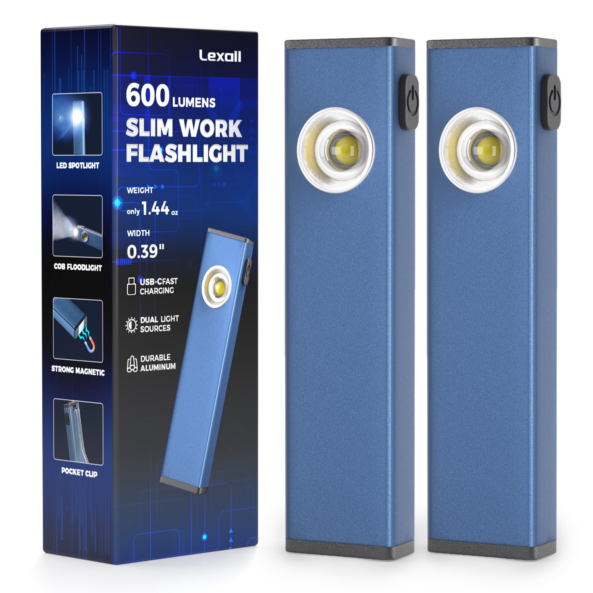 Lexall 2-pack rechargeable work light focuses on brightness with 600 lumens for on-the-job use.