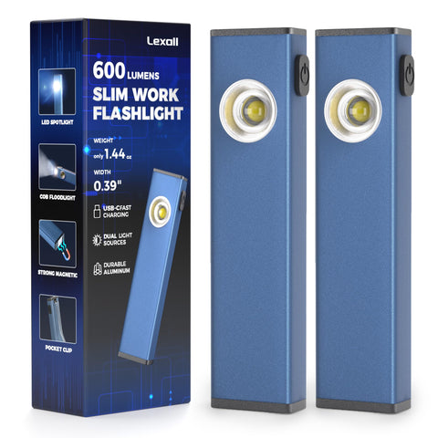 Lexall 2-pack rechargeable work light focuses on brightness with 600 lumens for on-the-job use.