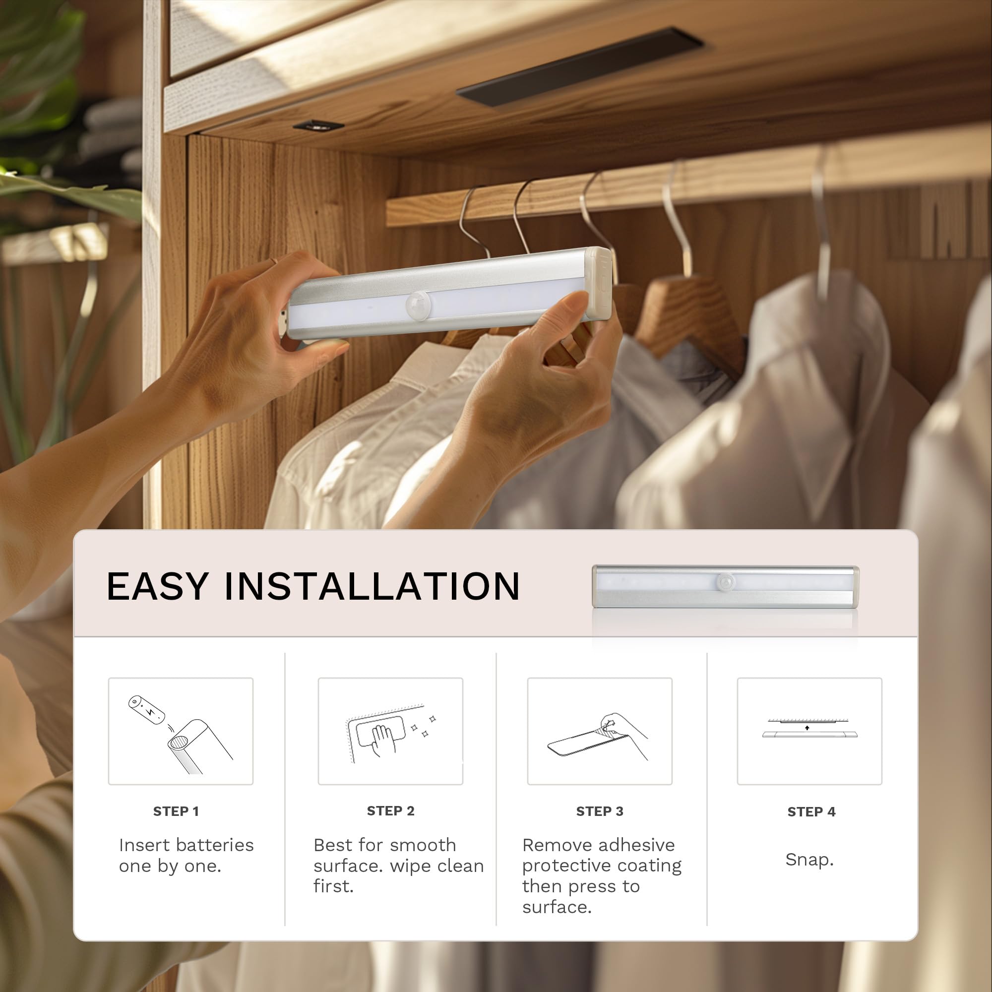 Lexall motion sensor lights suit closets, stairs, pantries, and storage spaces.