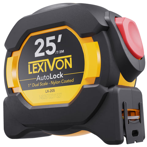 LEXIVON 25ft AutoLock tape measure case with anti-slip grip for durable handling