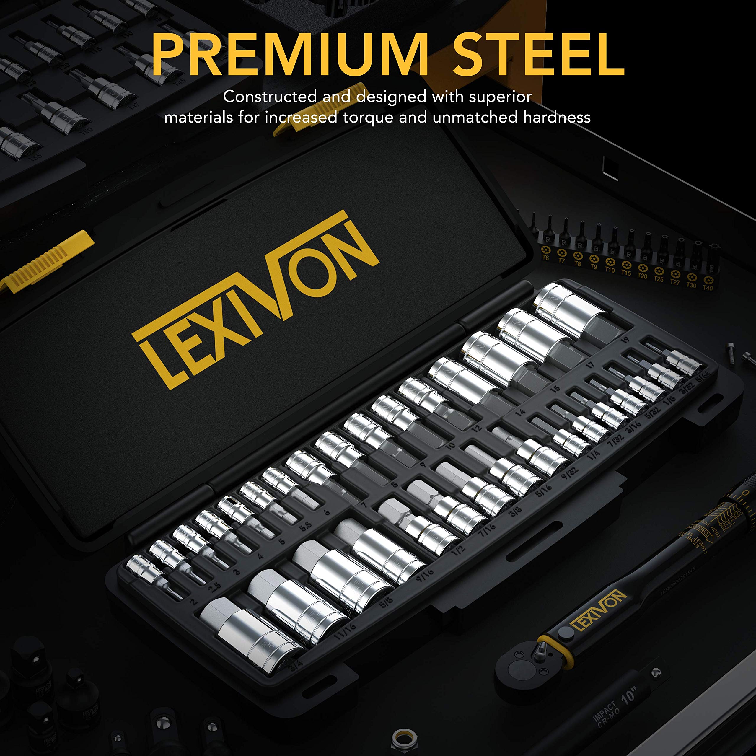 LEXIVON 32-piece set showing SAE and metric sizes for versatile repairs