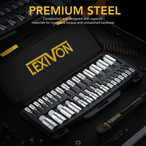 LEXIVON 32-piece set showing SAE and metric sizes for versatile repairs