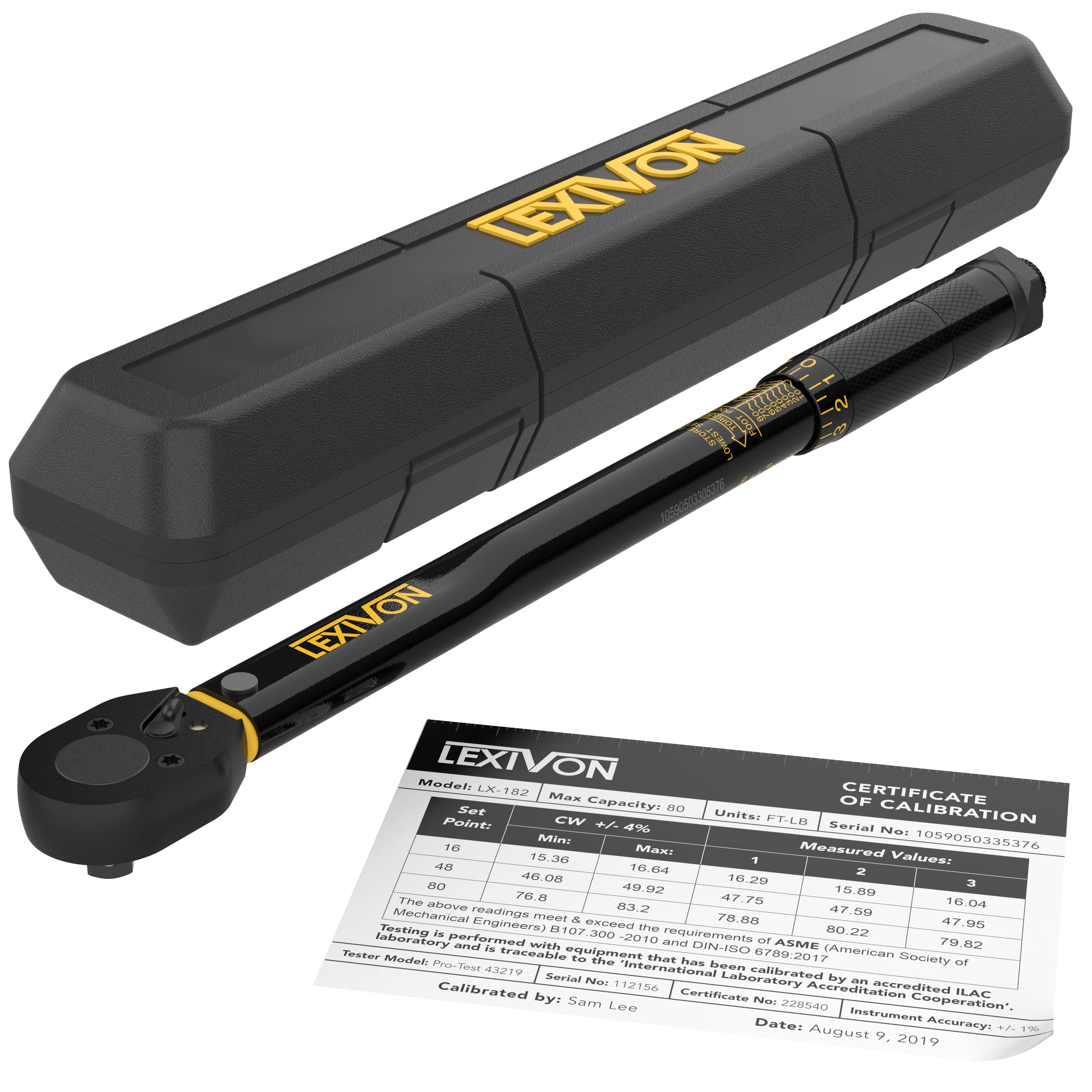 LEXIVON 3/8‑inch drive torque wrench with precise dual-scale readout for accurate tightening.