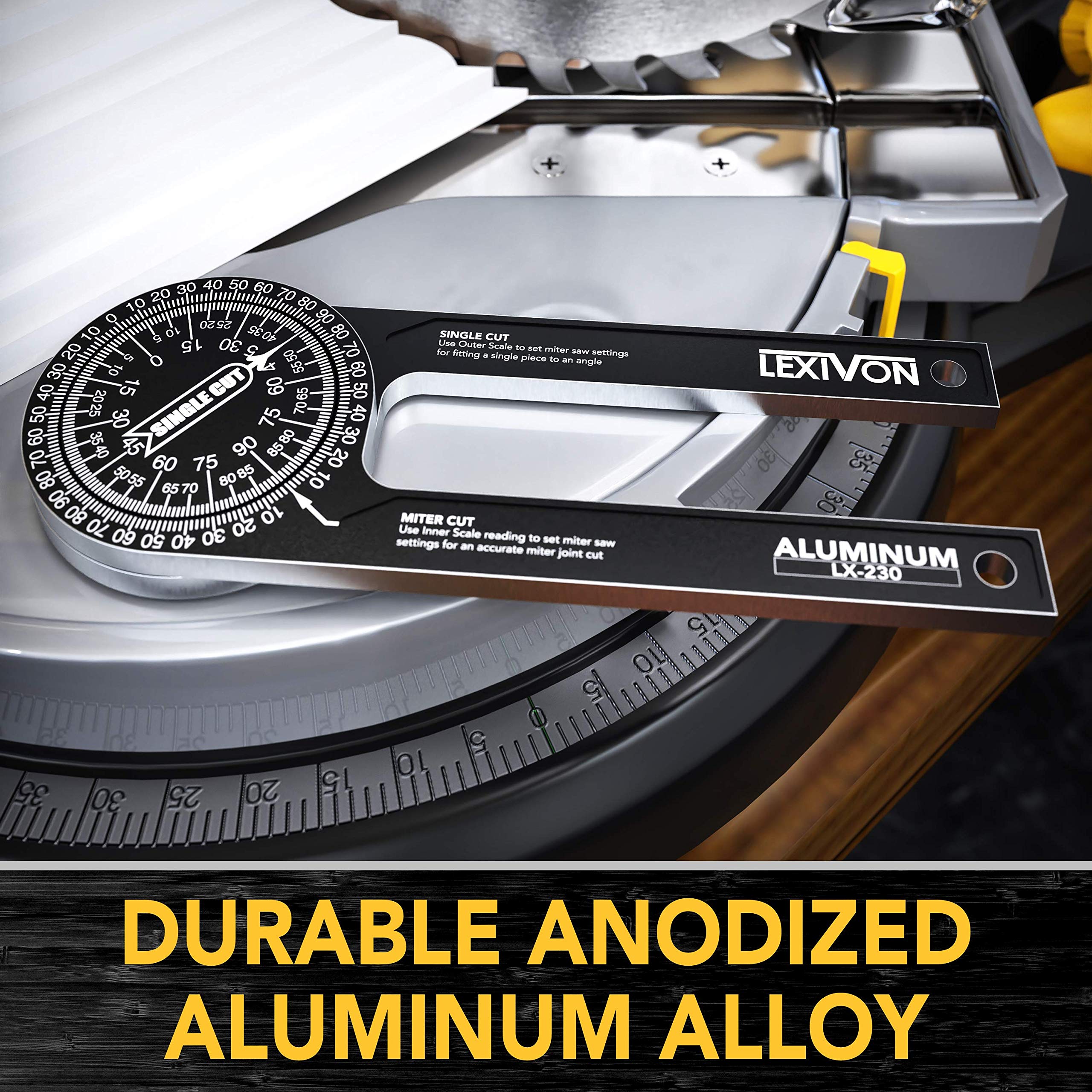 LEXIVON aluminum miter protractor laser-engraved scales for repeatable angles.