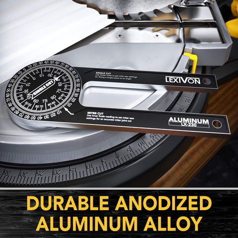 LEXIVON aluminum miter protractor laser-engraved scales for repeatable angles.
