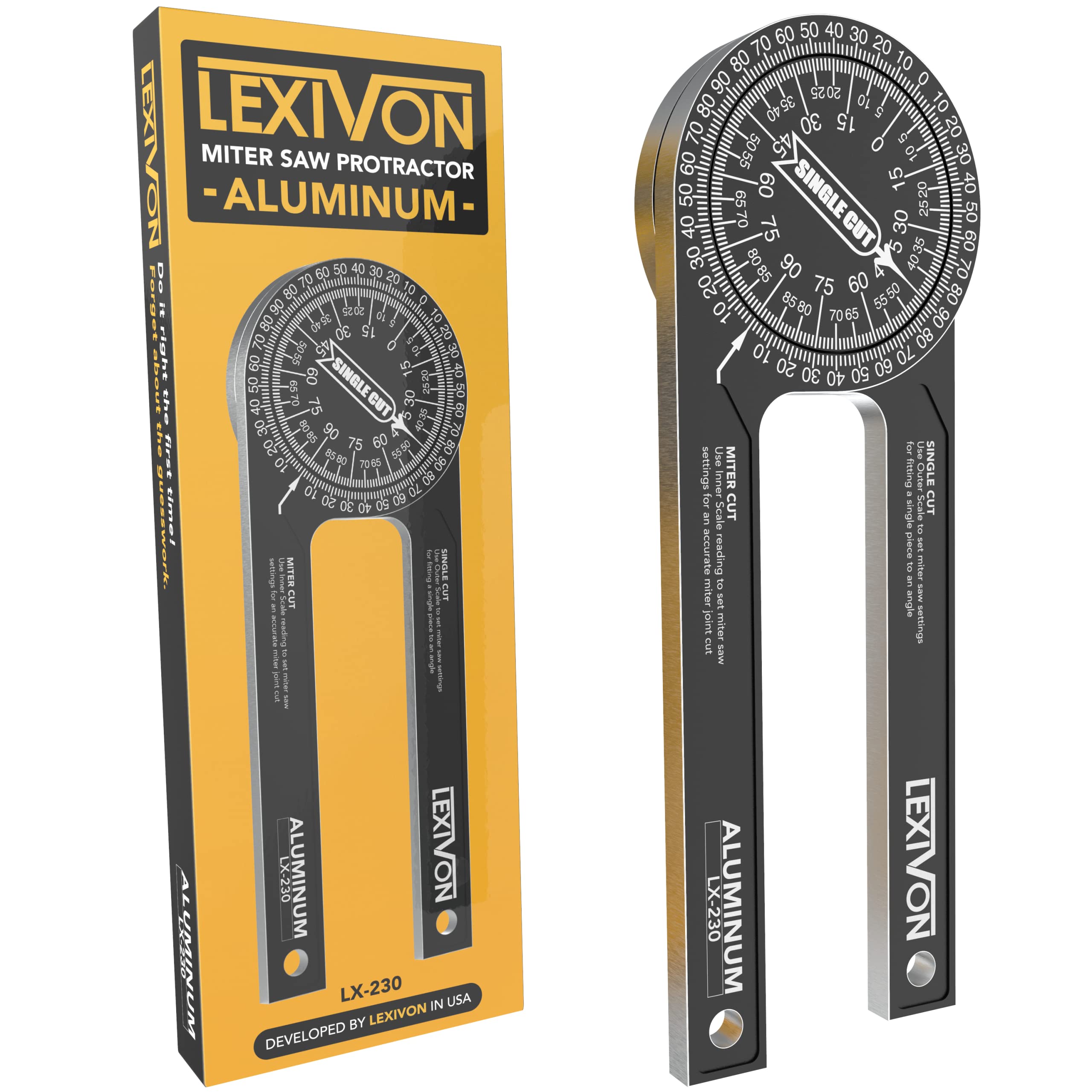 LEXIVON aluminum miter protractor scale closeup for precise readings.