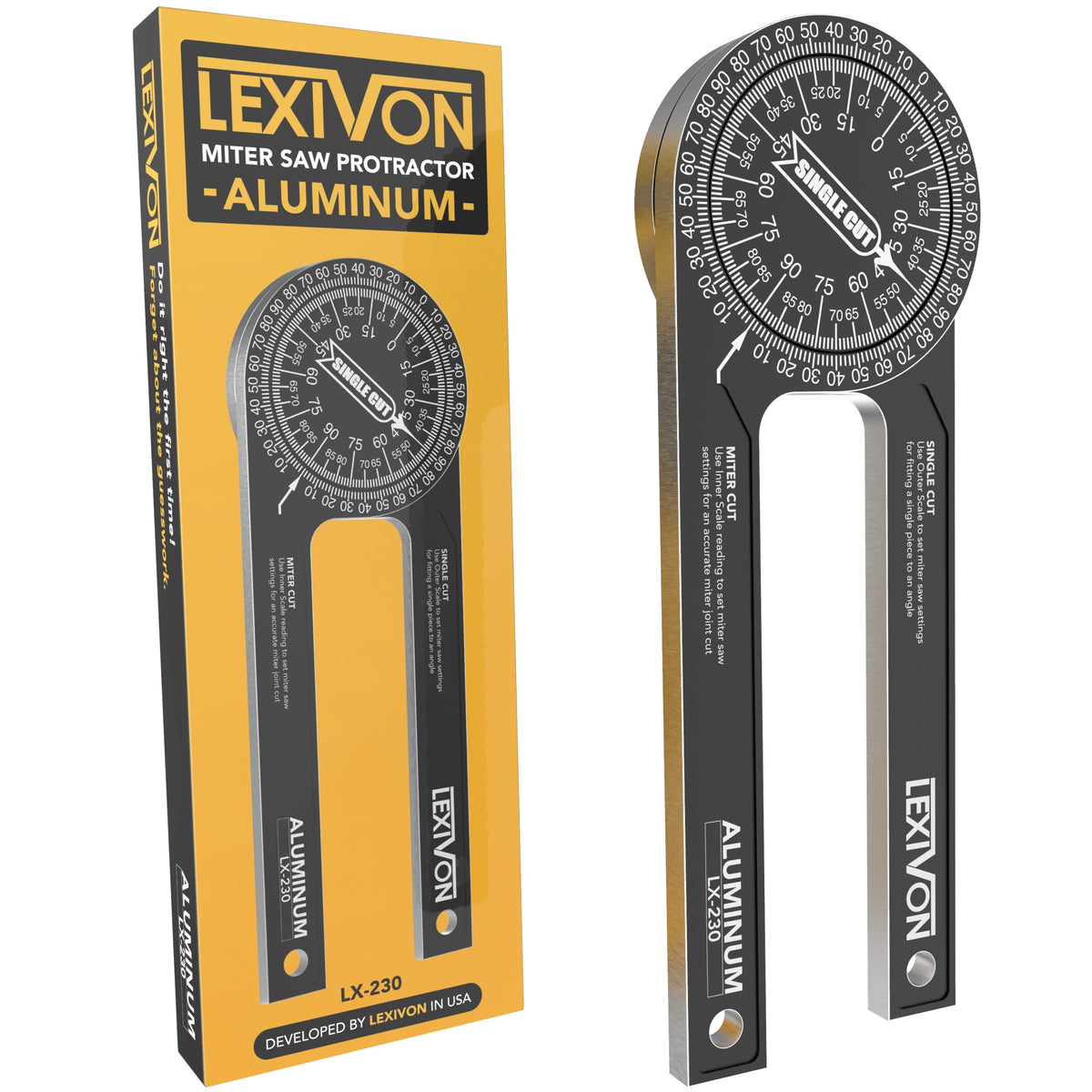 LEXIVON aluminum miter protractor scale closeup for precise readings.
