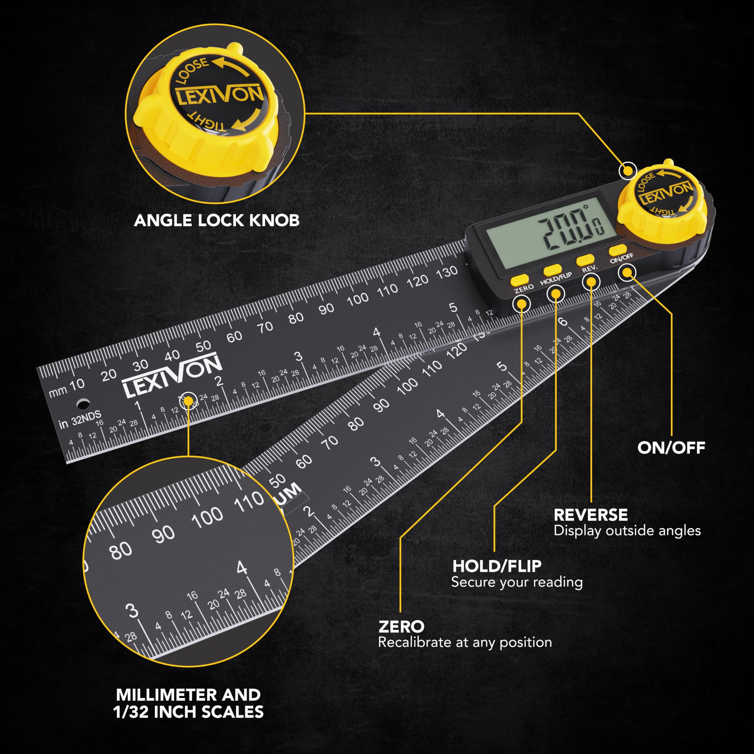 LEXIVON ergonomic angle lock knob enables precise interior and exterior angles