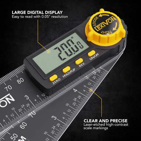 LEXIVON angle finder LCD readout enables quick inside and outside measurements.