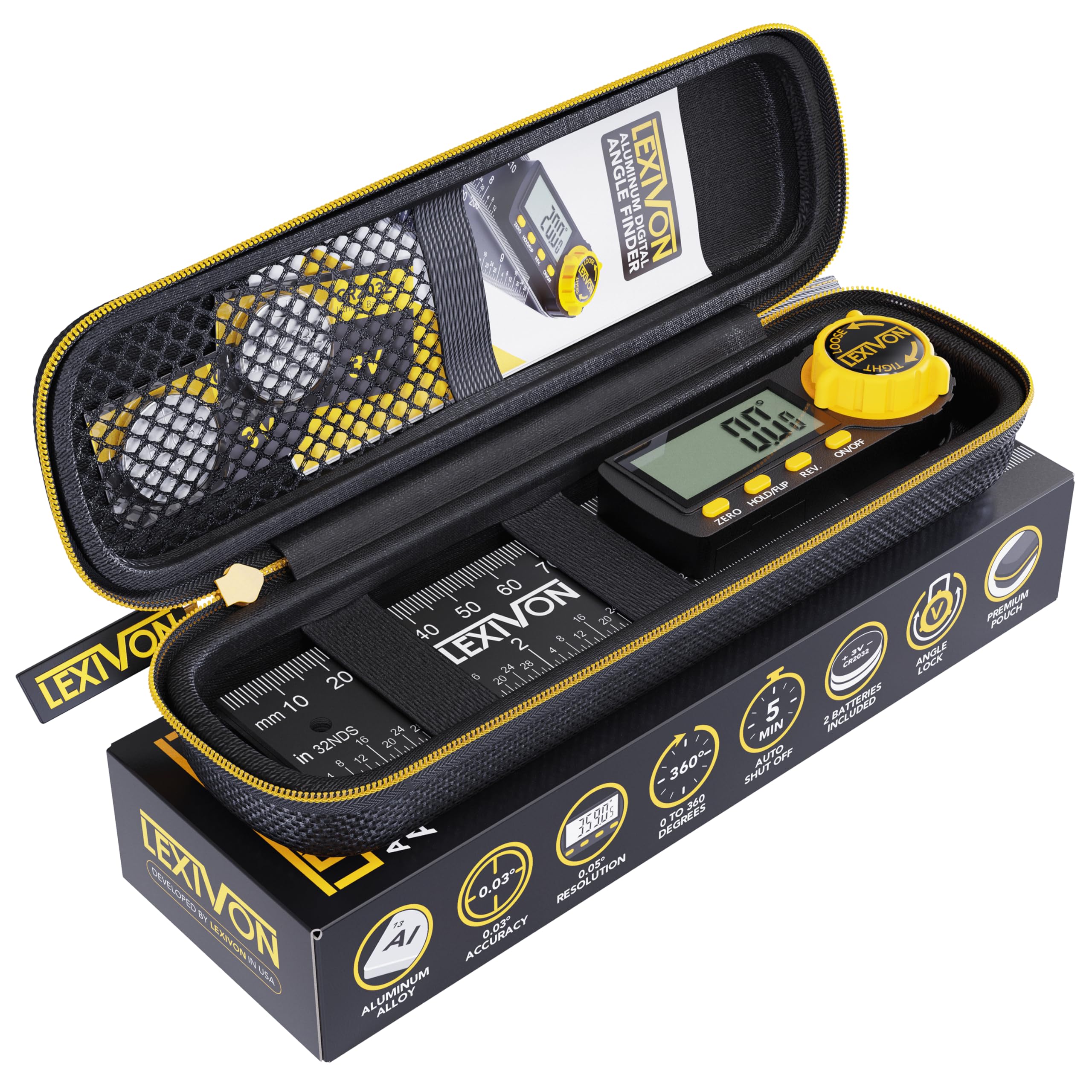 LEXIVON angle finder used in a woodworking setup for precise alignment tasks.