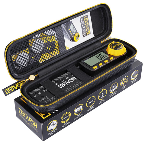 LEXIVON angle finder used in a woodworking setup for precise alignment tasks.