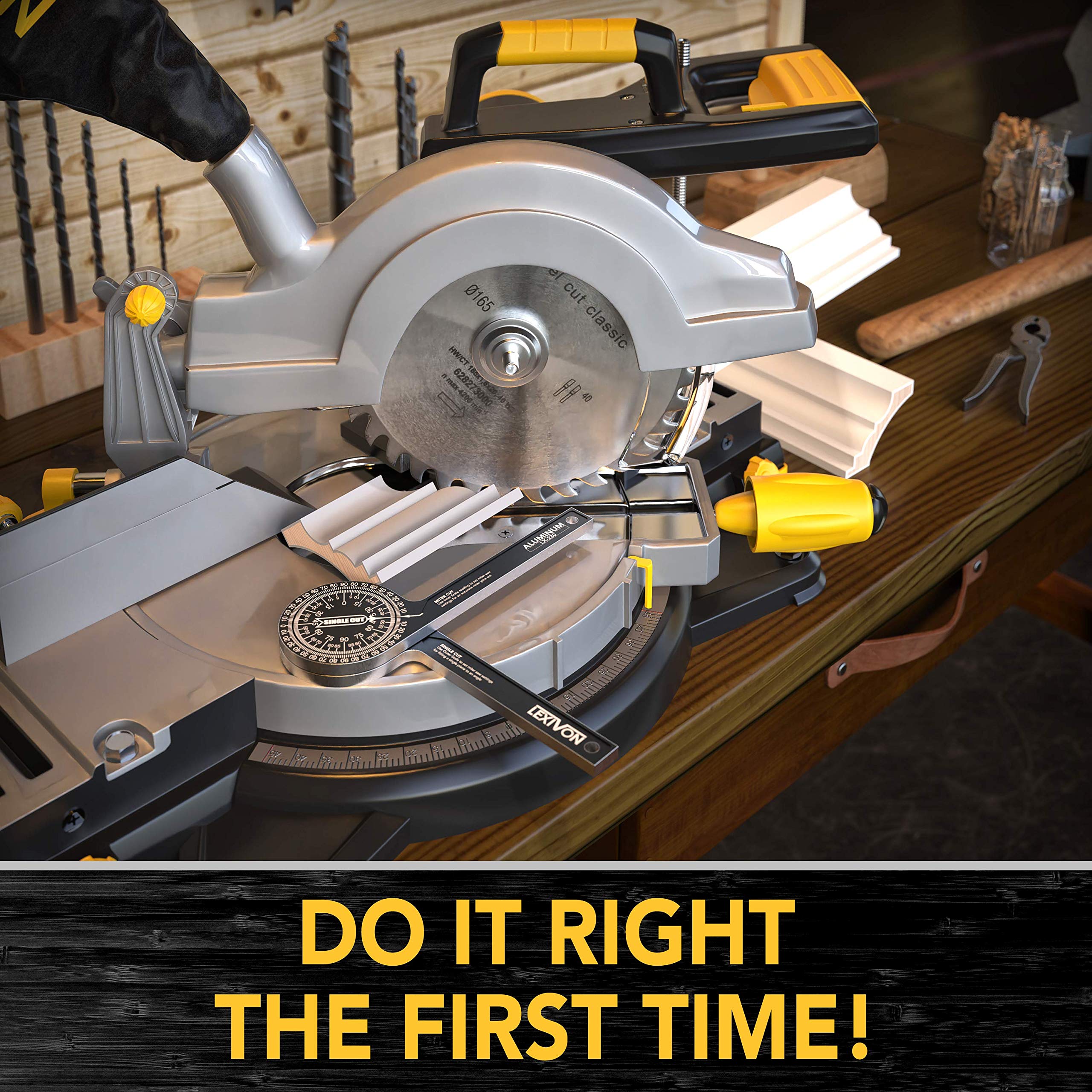LEXIVON miter protractor transfers angle directly to saw for accurate cuts.