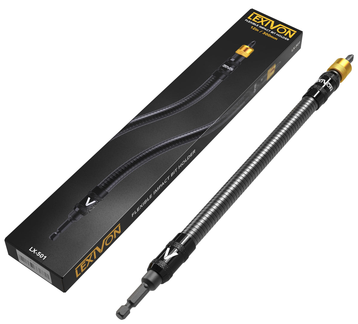 LEXIVON drill bit holder with 12in extension reaches behind panels for tight spaces