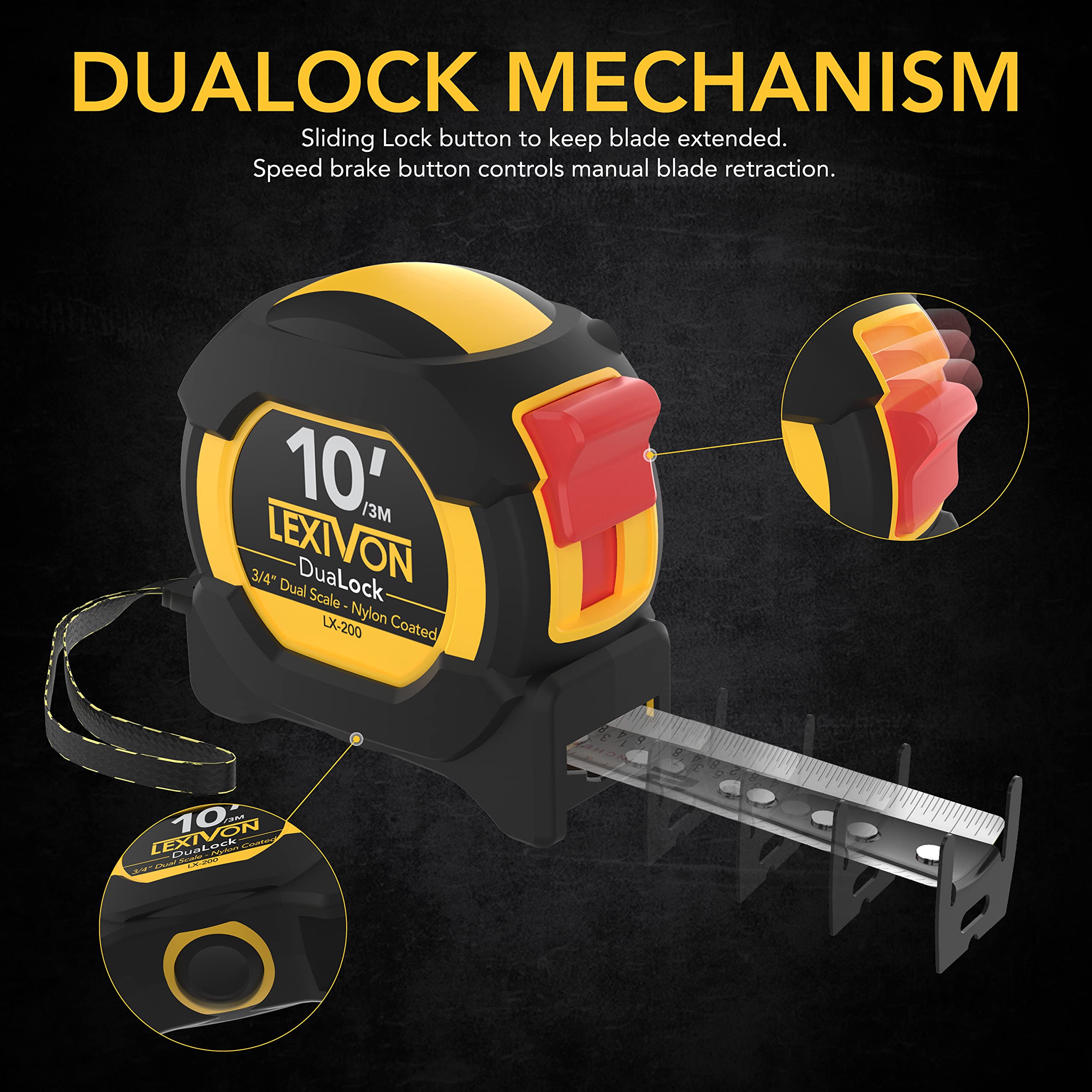 LEXIVON dual-lock tape measure stud centers aid framing and quick alignment