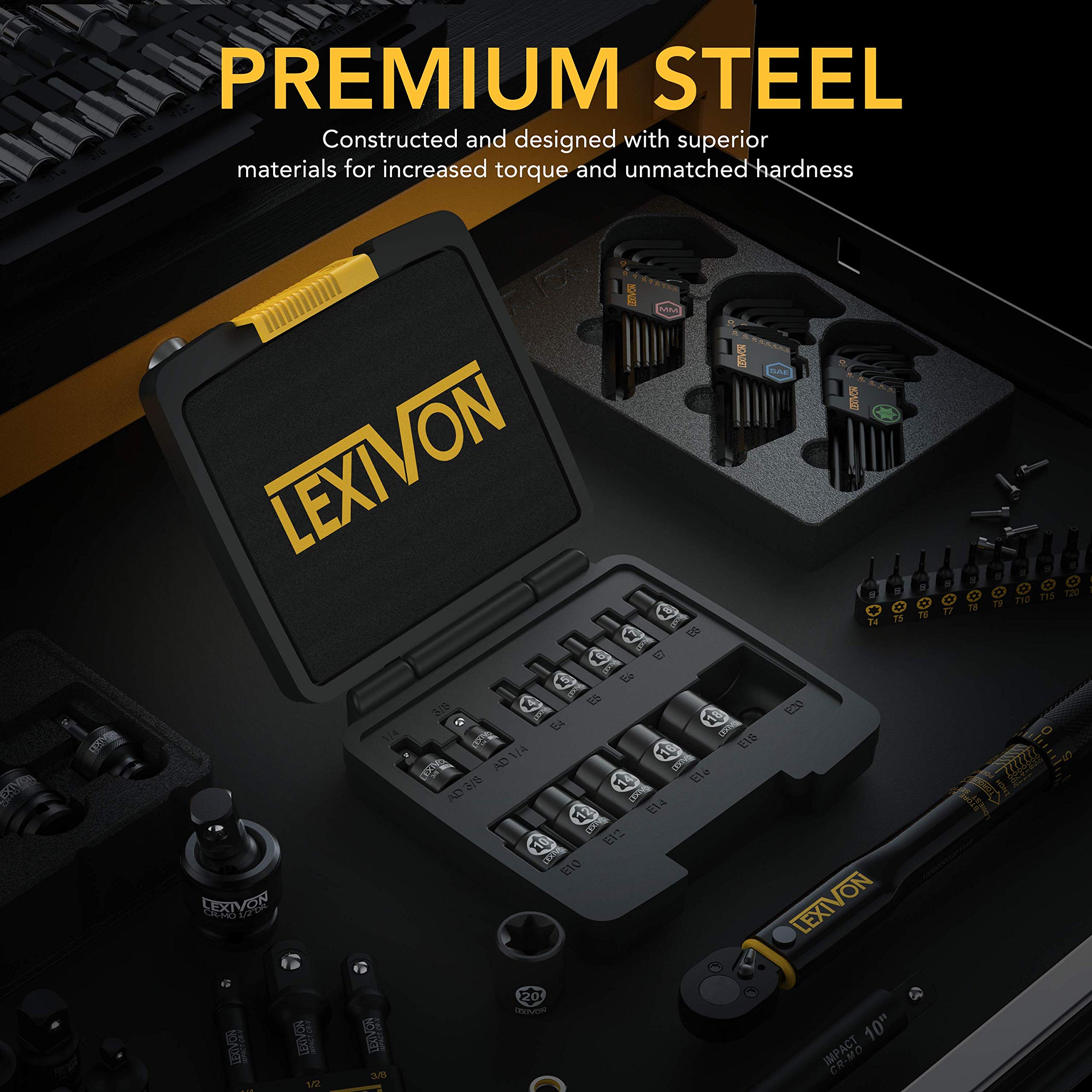 LEXIVON chrome vanadium sockets shine under workshop light