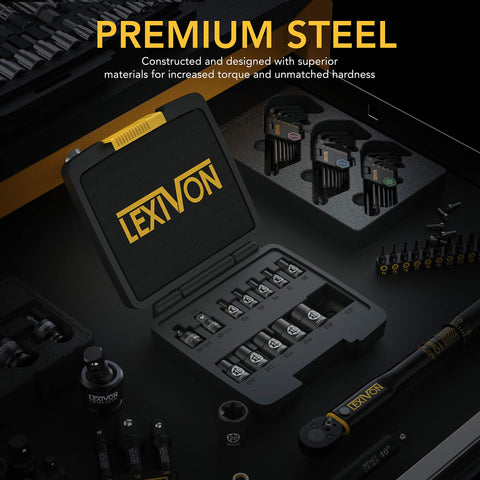 LEXIVON chrome vanadium sockets shine under workshop light