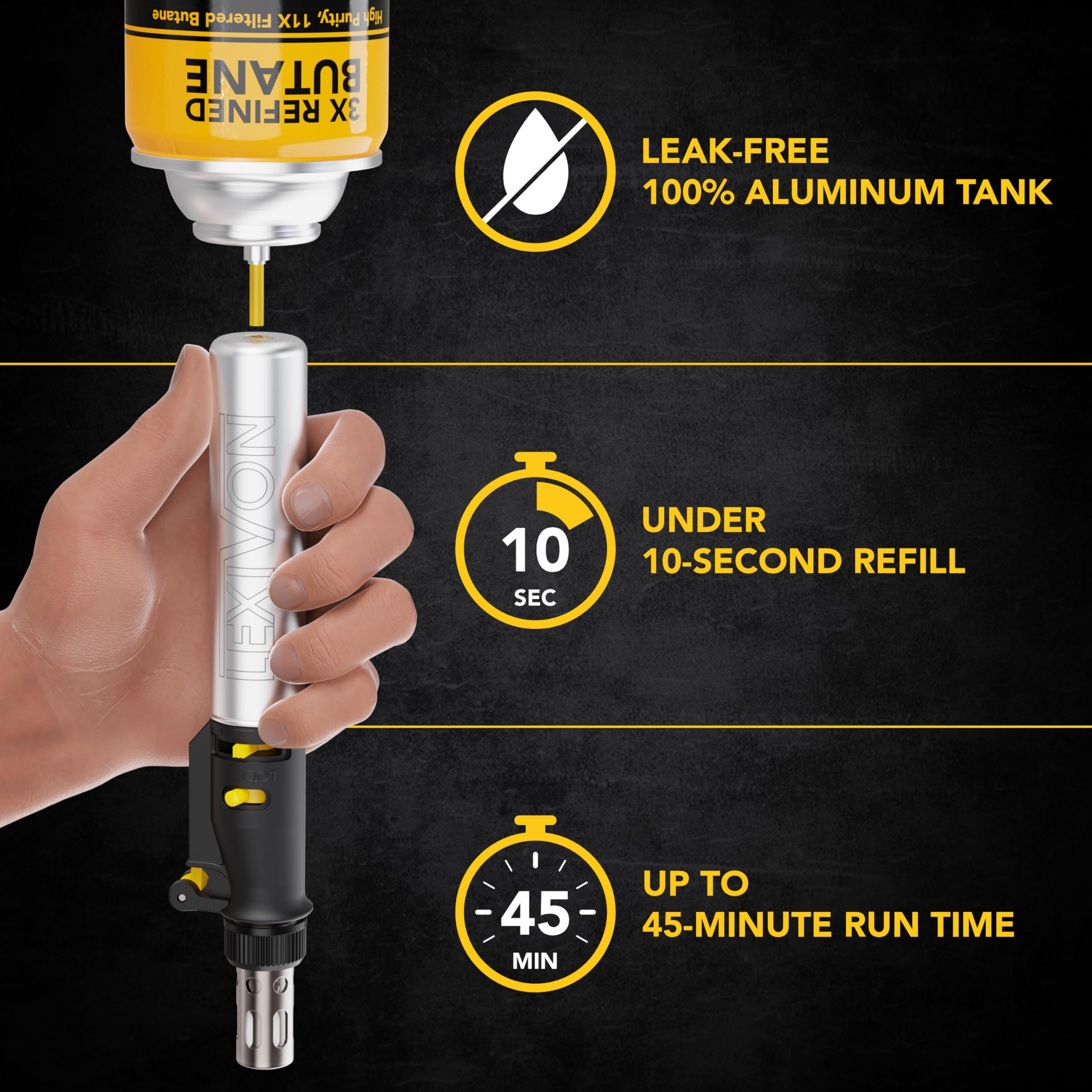 LEXIVON flame adjustment knob lets you set the perfect heat for delicate work