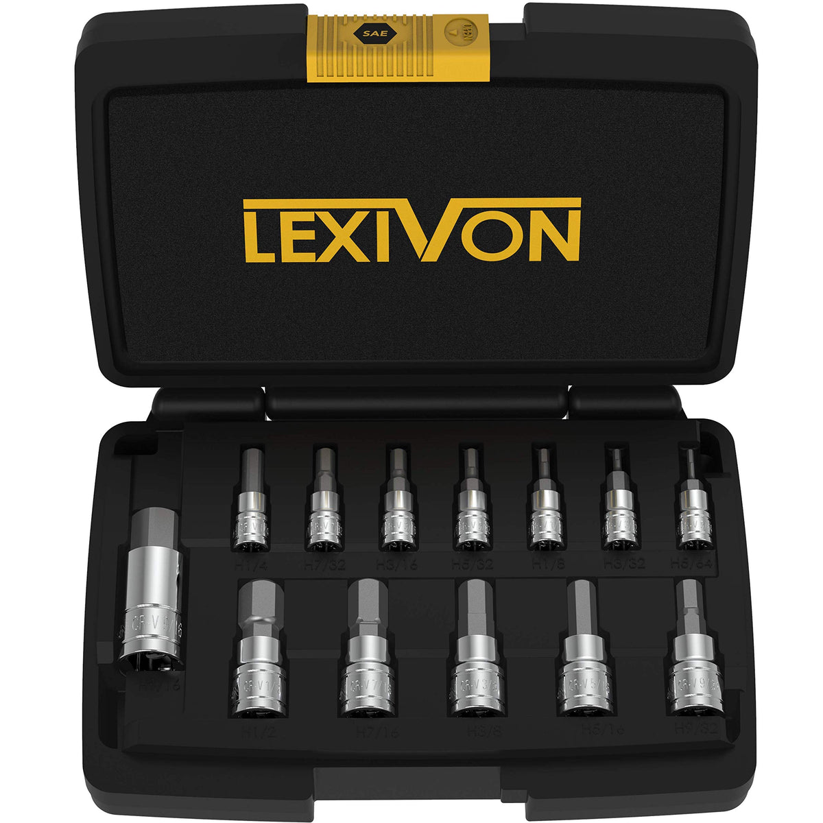 LEXIVON hex bit socket set case displaying organized tool storage for quick access