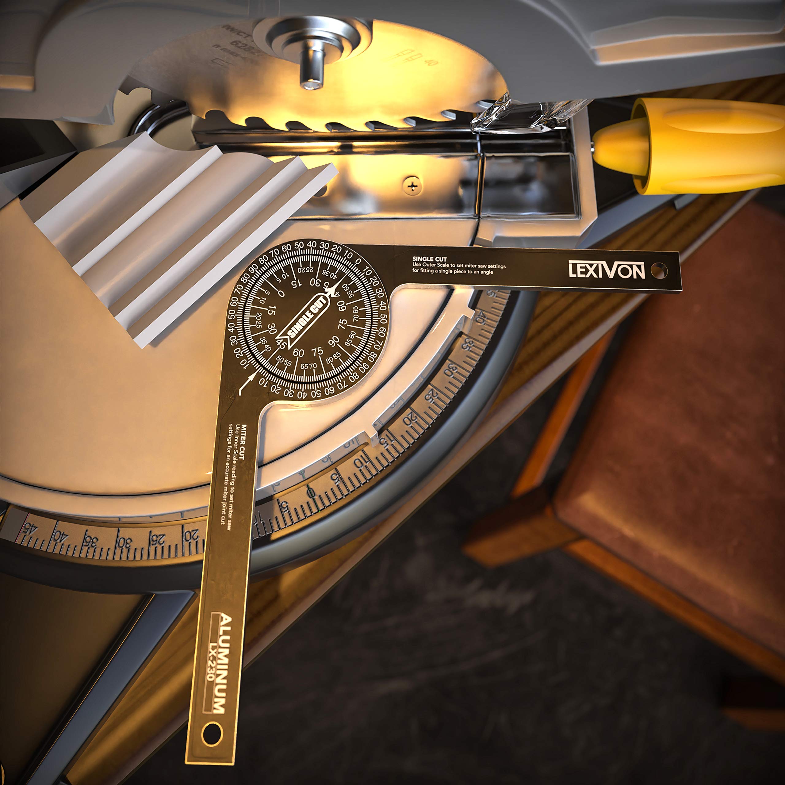 LEXIVON protractor used on site delivering precise miter cuts.