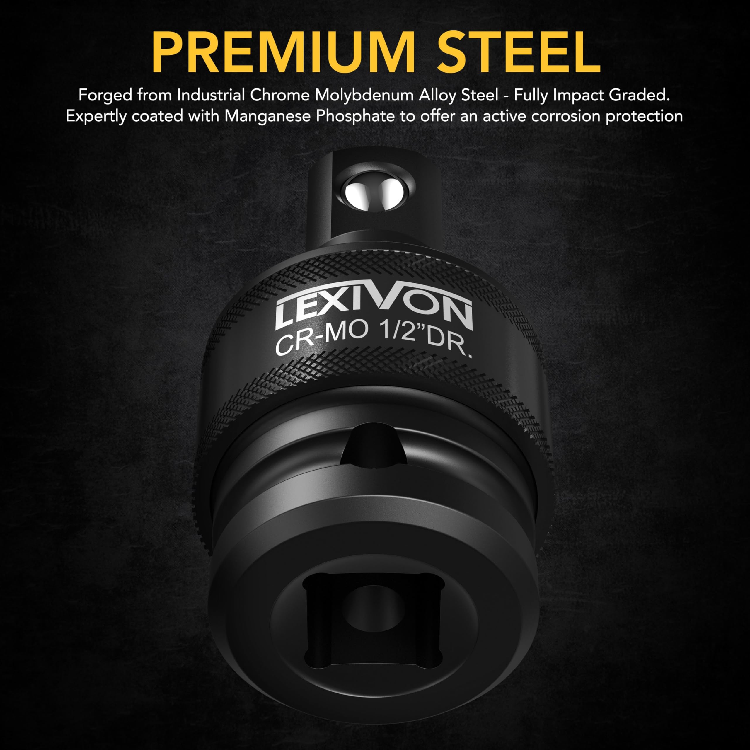 LEXIVON 3/8-inch U-joint with detent ball for secure socket fit.