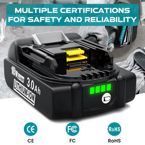 Leyootoolelec battery with LED indicator for Makita 18V devices.