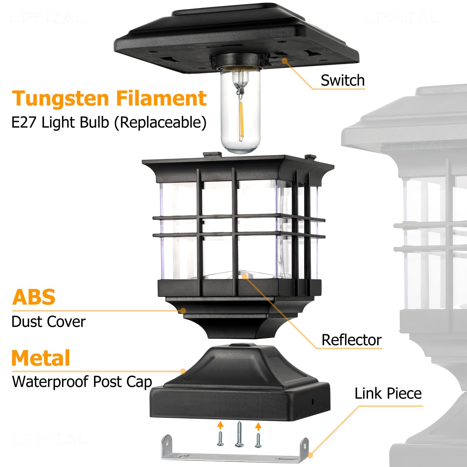 Lffital solar post cap lights on a 6x6 post in a courtyard