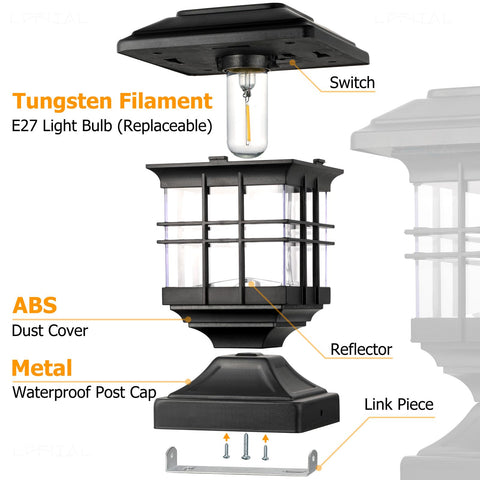 Lffital solar post cap lights on a 6x6 post in a courtyard