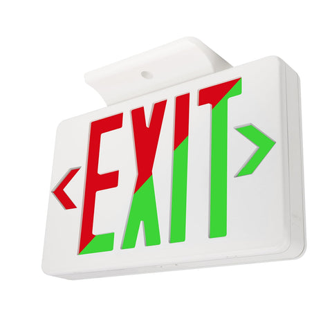 LFI Lights Universal LED Exit Sign wall-mount with diffusers for uniform red or green illumination.