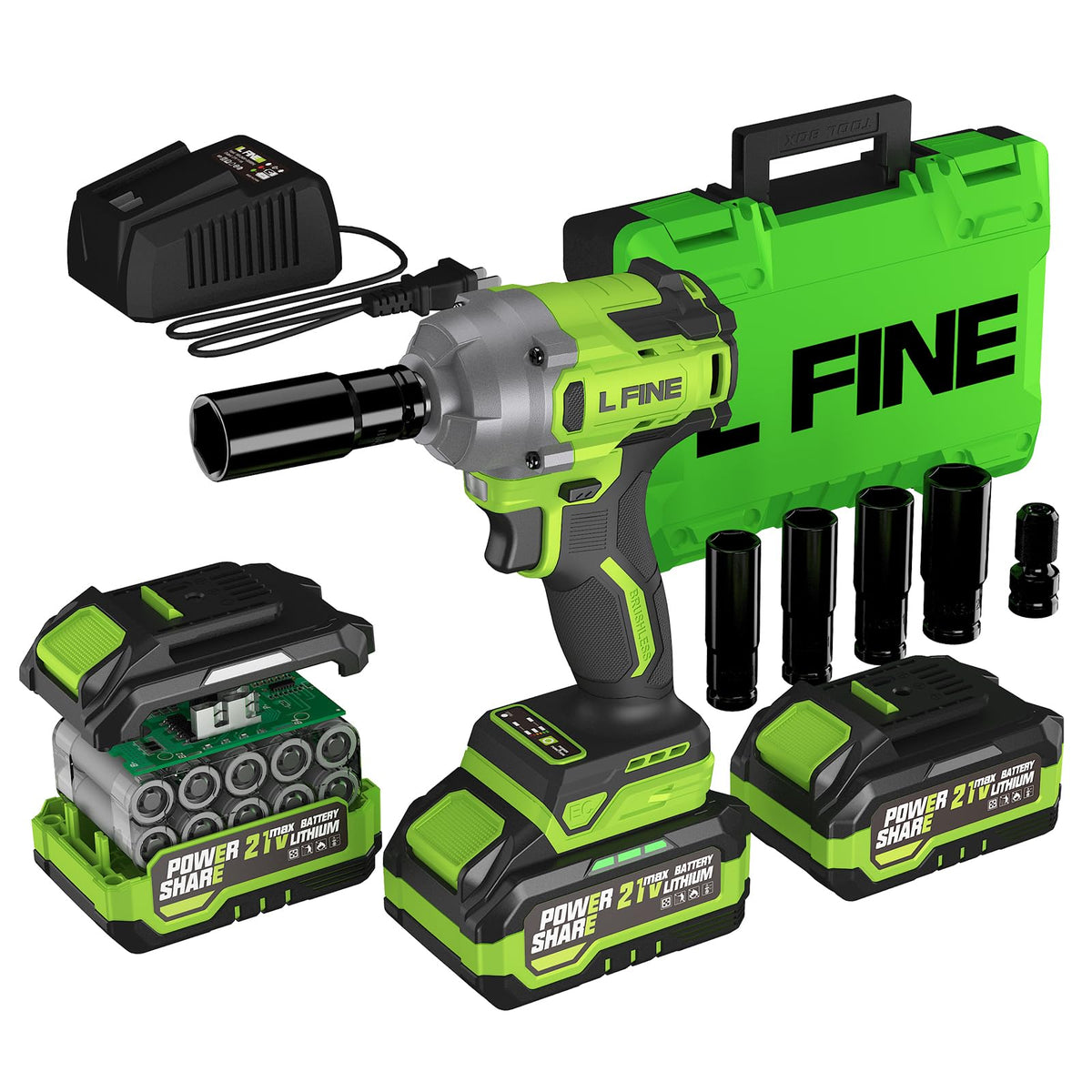 L FINE cordless impact wrench with half-inch drive delivering high torque in tight spots.