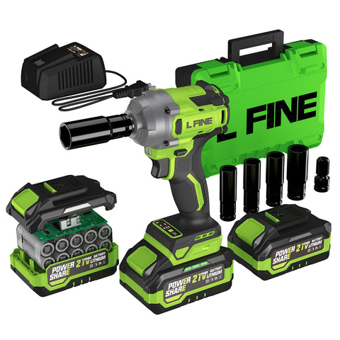 L FINE cordless impact wrench with half-inch drive delivering high torque in tight spots.