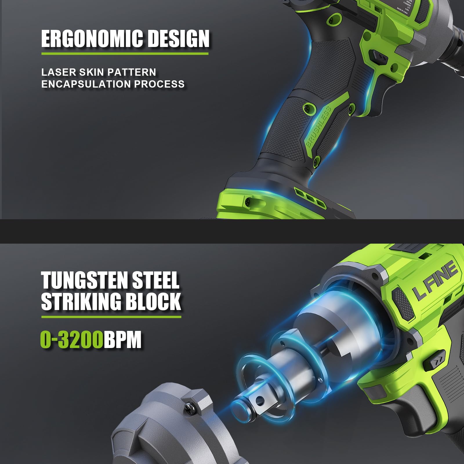 L FINE cordless impact wrench shown with built-in LED for dark work areas.
